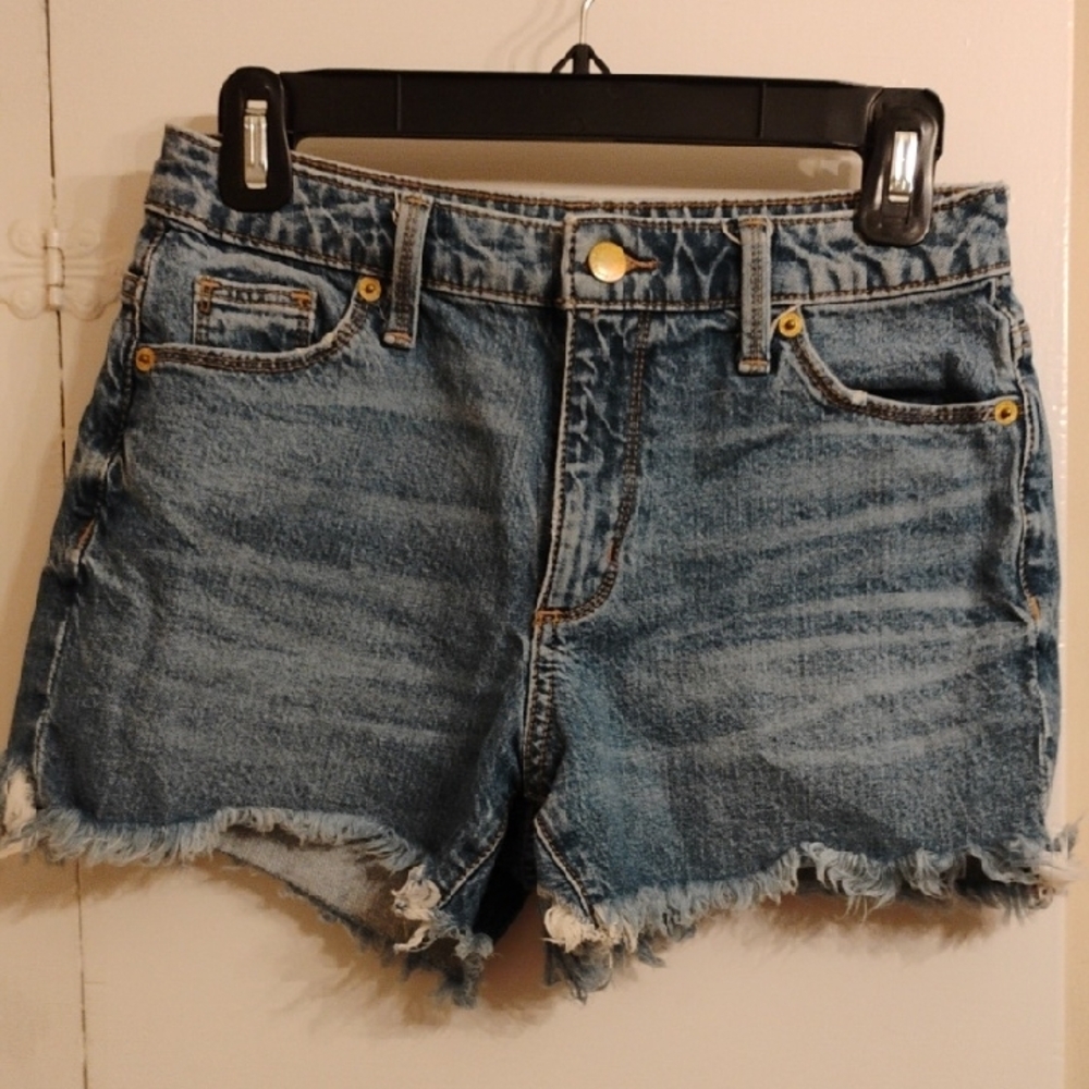 Blue Distressed Jean Shorts with Frayed Hem